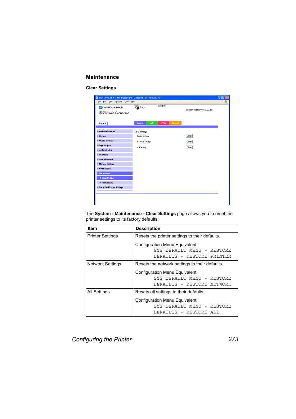 Maintenance, Maintenance 273, Configuring the printer 273 | Konica Minolta bizhub 40P User Manual | Page 291 / 392