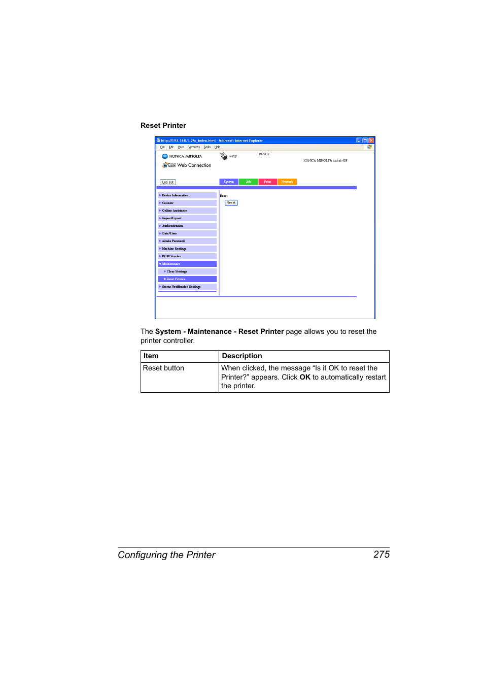 Configuring the printer 275 | Konica Minolta bizhub 40P User Manual | Page 293 / 392