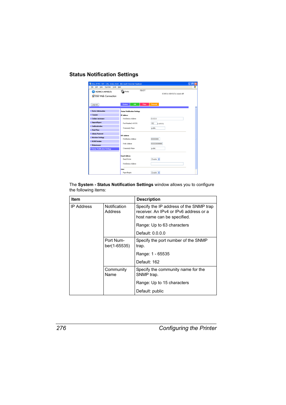 Status notification settings, Status notification settings 276, Configuring the printer 276 | Konica Minolta bizhub 40P User Manual | Page 294 / 392