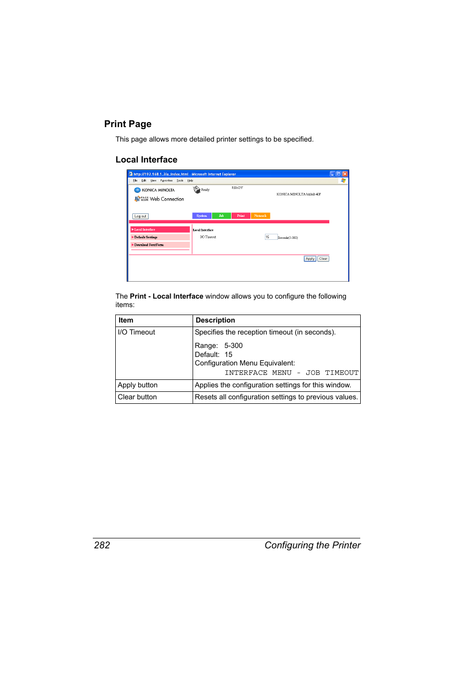 Local interface, Local interface 282, Configuring the printer 282 print page | Konica Minolta bizhub 40P User Manual | Page 300 / 392