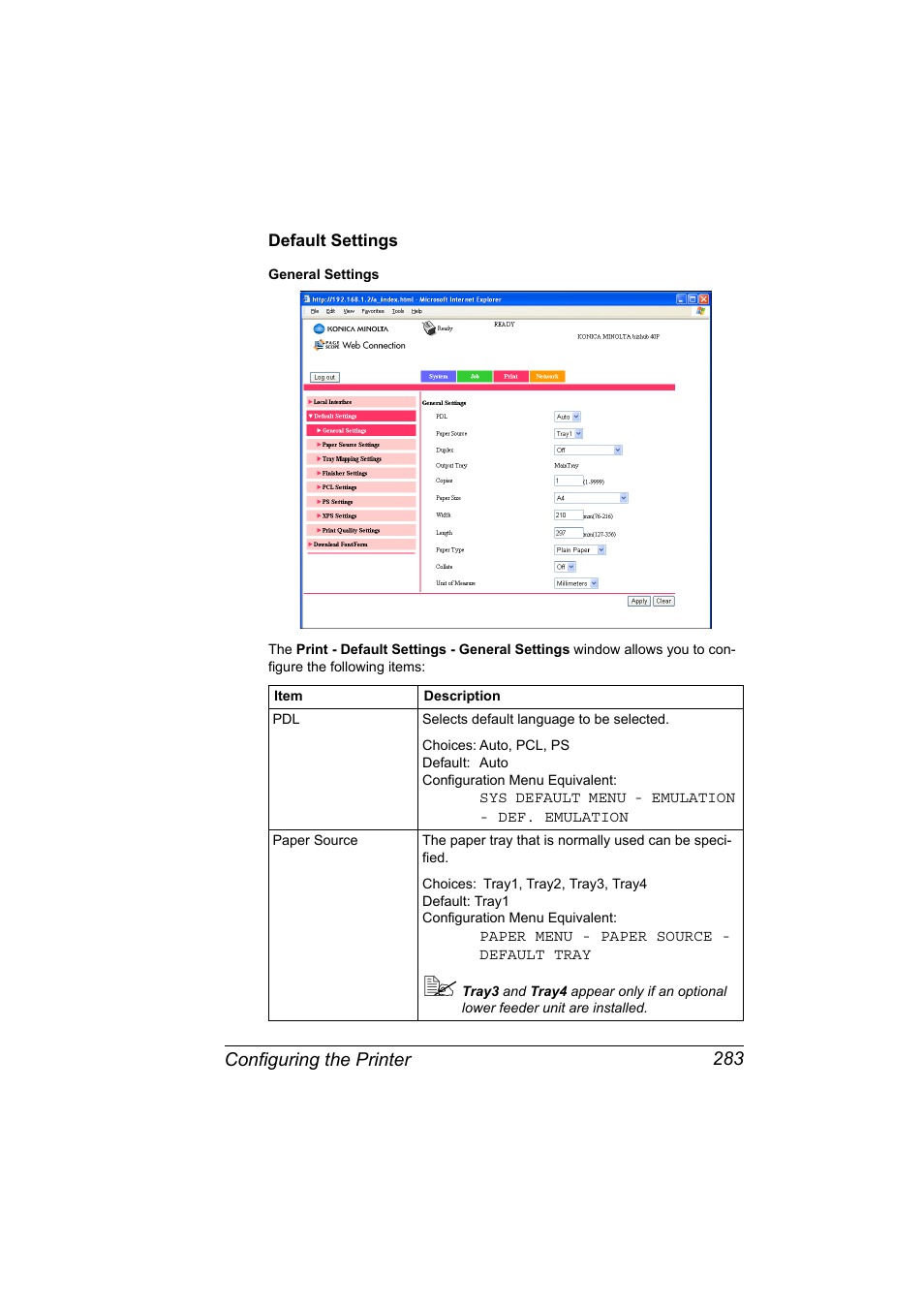 Default settings, Default settings 283 | Konica Minolta bizhub 40P User Manual | Page 301 / 392