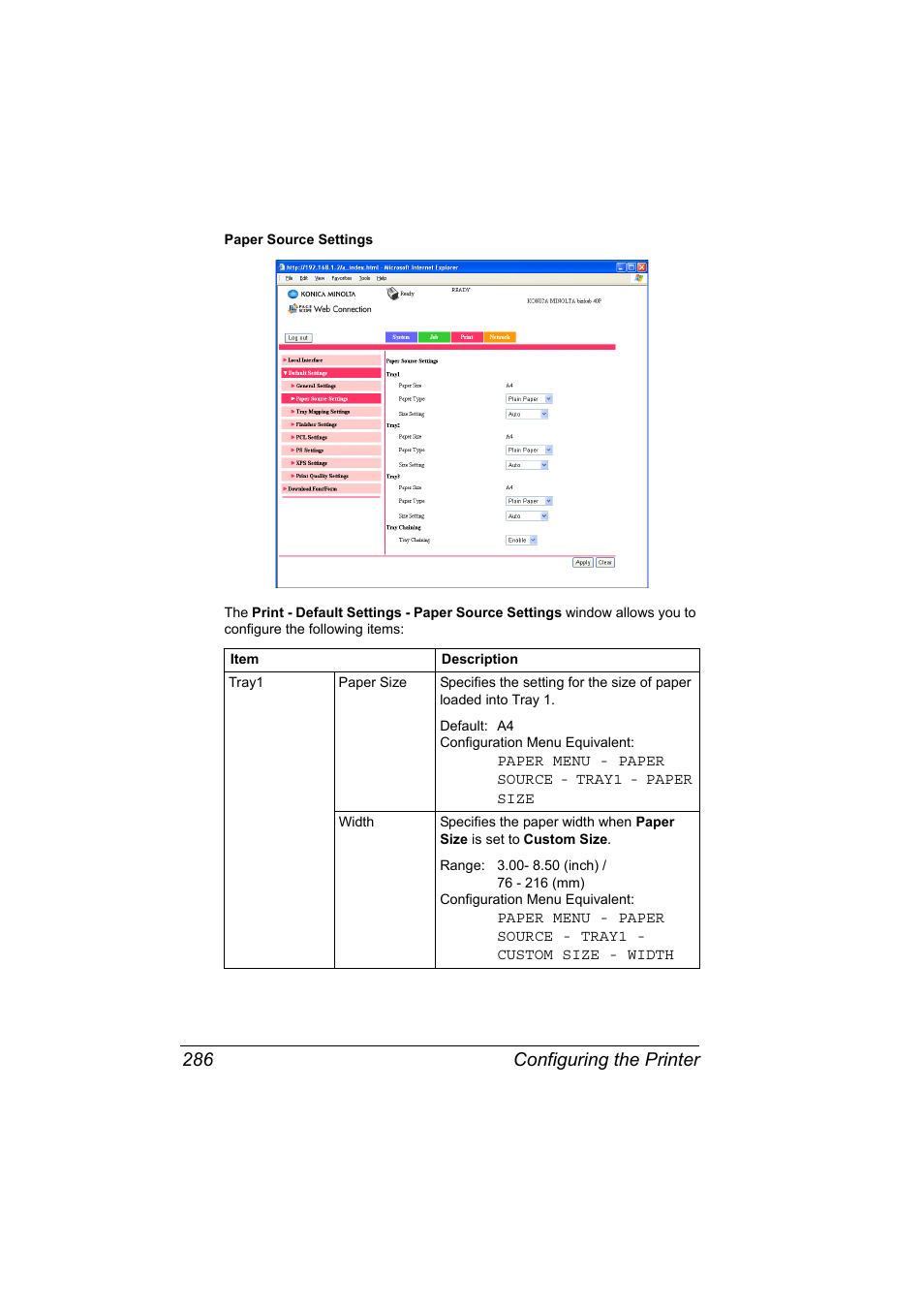 Configuring the printer 286 | Konica Minolta bizhub 40P User Manual | Page 304 / 392