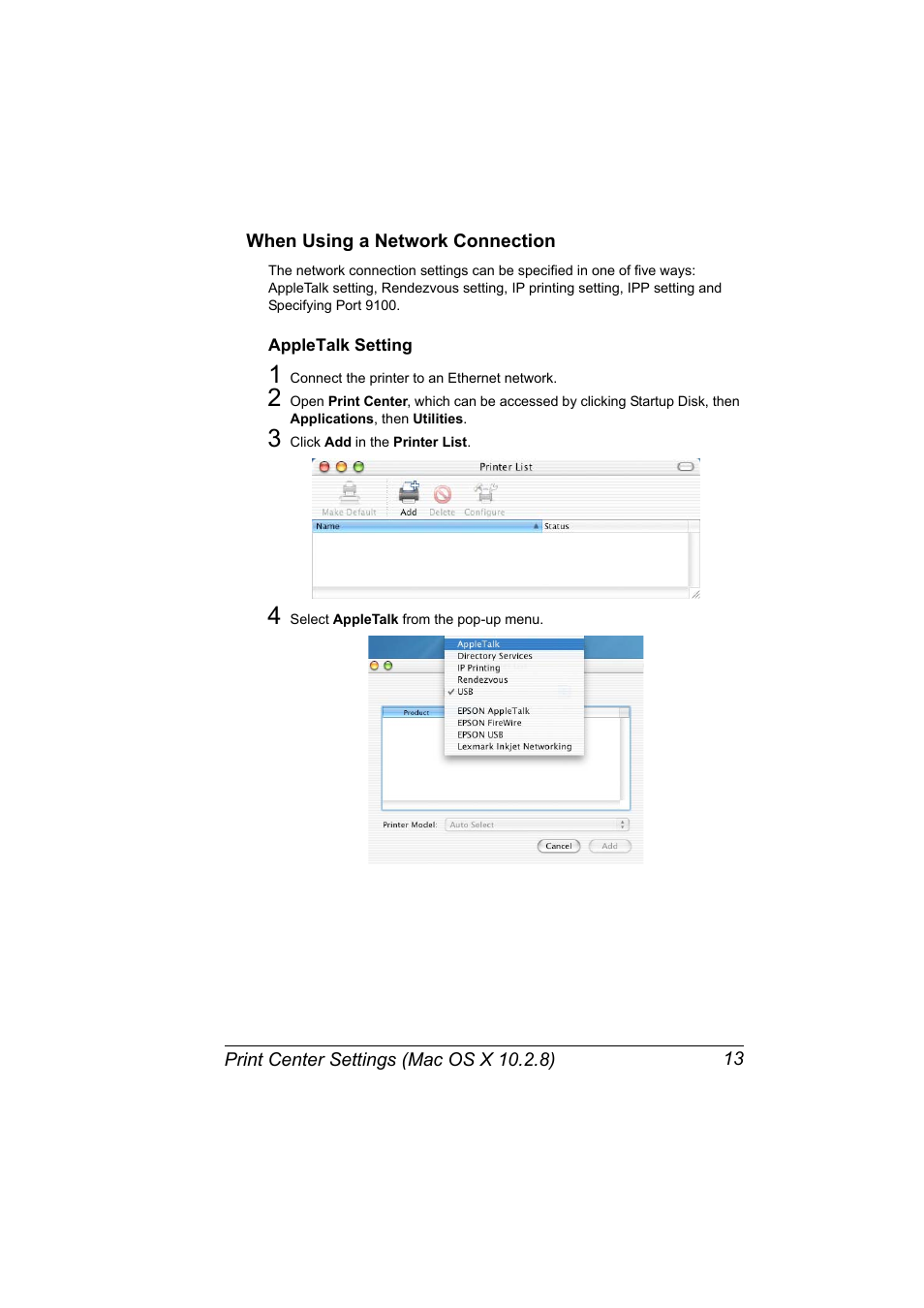 When using a network connection, Appletalk setting, When using a network connection 13 | Appletalk setting 13 | Konica Minolta bizhub 40P User Manual | Page 31 / 392