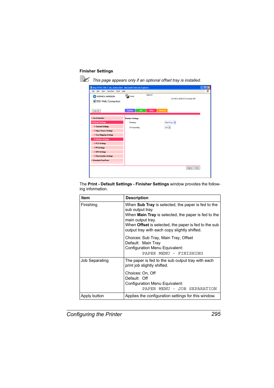 Configuring the printer 295 | Konica Minolta bizhub 40P User Manual | Page 313 / 392