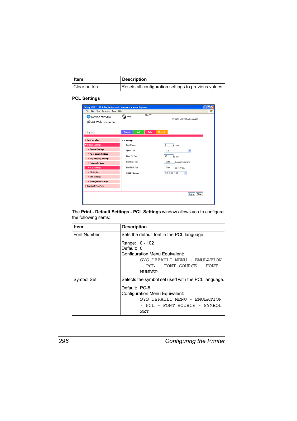 Configuring the printer 296 | Konica Minolta bizhub 40P User Manual | Page 314 / 392