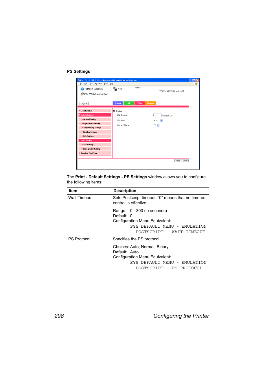 Configuring the printer 298 | Konica Minolta bizhub 40P User Manual | Page 316 / 392