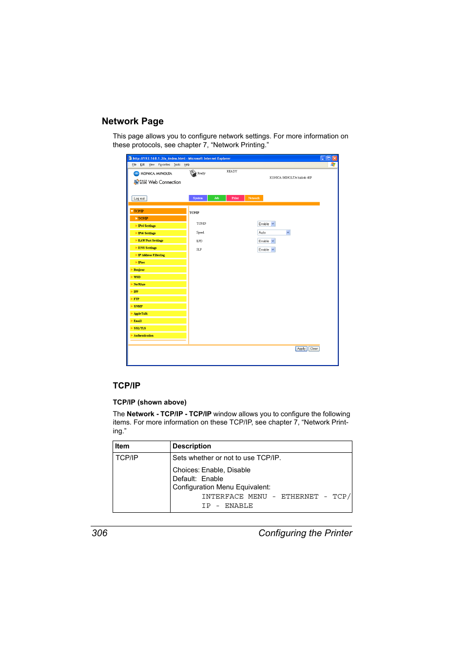 Tcp/ip, Tcp/ip 306, Configuring the printer 306 network page | Konica Minolta bizhub 40P User Manual | Page 324 / 392