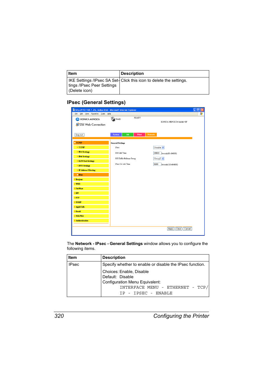 Ipsec (general settings), Ipsec (general settings) 320, Configuring the printer 320 | Konica Minolta bizhub 40P User Manual | Page 338 / 392