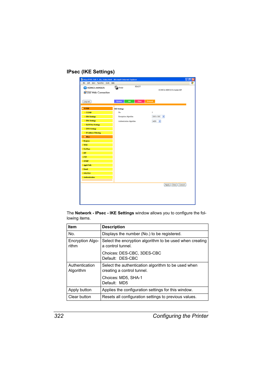 Ipsec (ike settings), Ipsec (ike settings) 322, Configuring the printer 322 | Konica Minolta bizhub 40P User Manual | Page 340 / 392