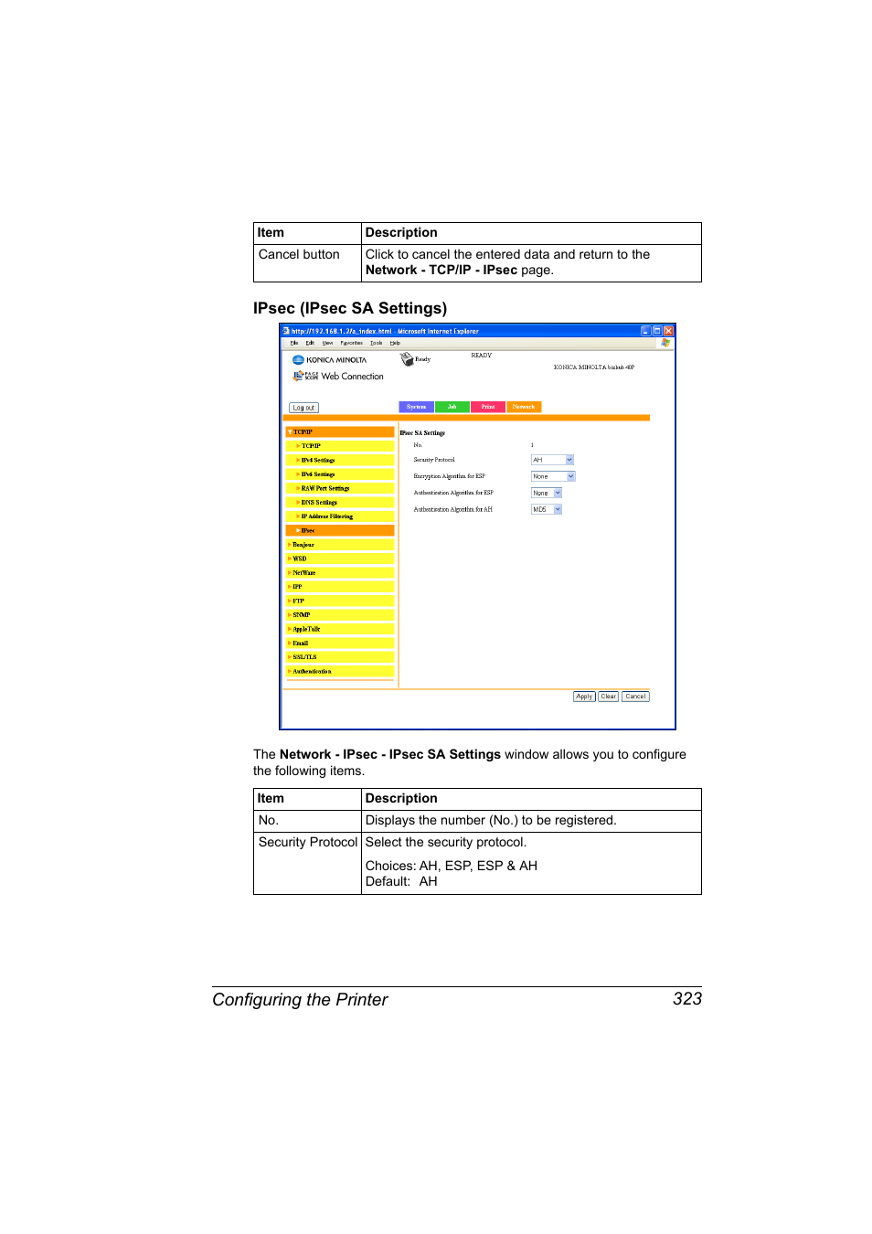 Ipsec (ipsec sa settings), Ipsec (ipsec sa settings) 323, Configuring the printer 323 | Konica Minolta bizhub 40P User Manual | Page 341 / 392