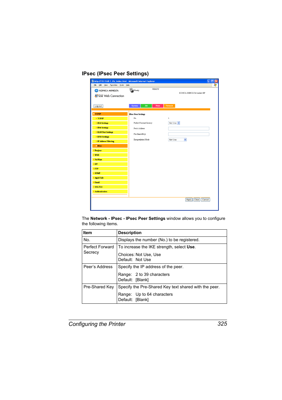 Ipsec (ipsec peer settings), Ipsec (ipsec peer settings) 325, Configuring the printer 325 | Konica Minolta bizhub 40P User Manual | Page 343 / 392