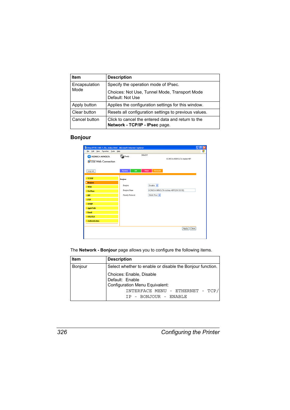 Bonjour, Bonjour 326, Configuring the printer 326 | Konica Minolta bizhub 40P User Manual | Page 344 / 392