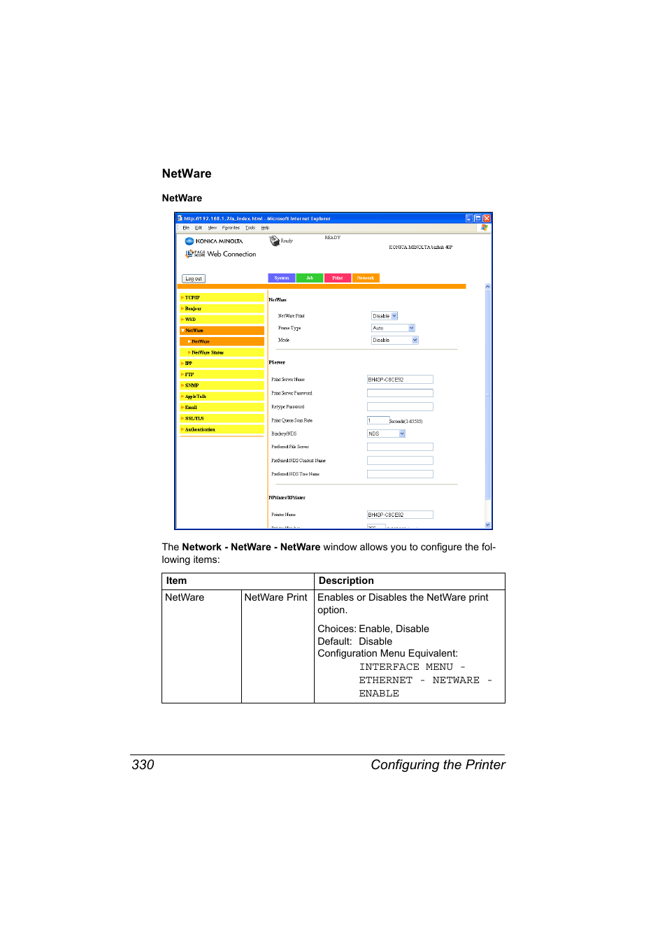 Netware, Netware 330, Configuring the printer 330 | Konica Minolta bizhub 40P User Manual | Page 348 / 392