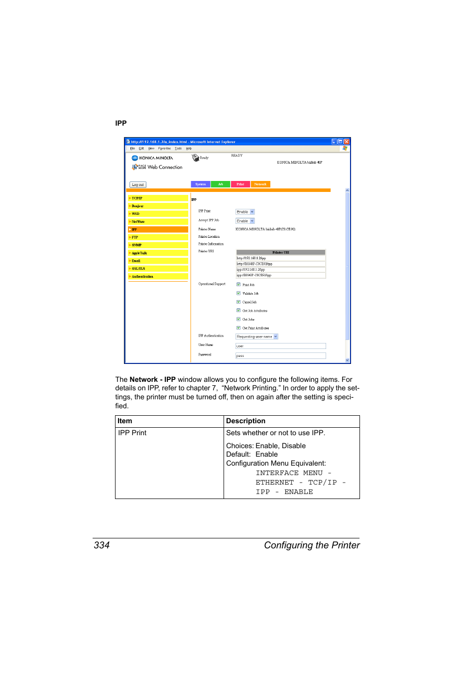 Configuring the printer 334 | Konica Minolta bizhub 40P User Manual | Page 352 / 392