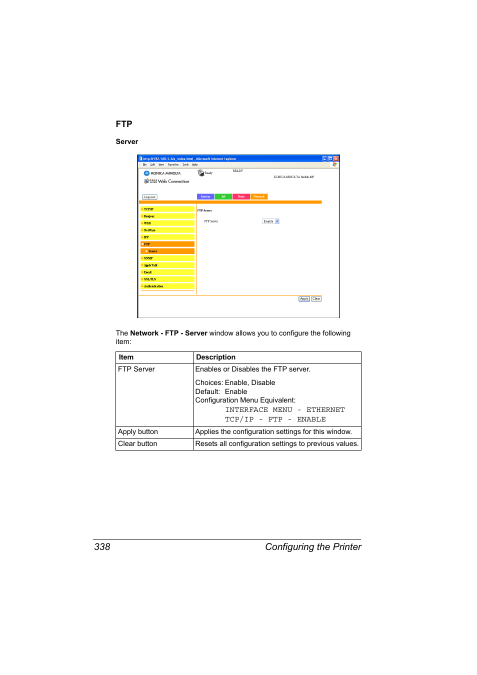 Ftp 338, Configuring the printer 338 | Konica Minolta bizhub 40P User Manual | Page 356 / 392