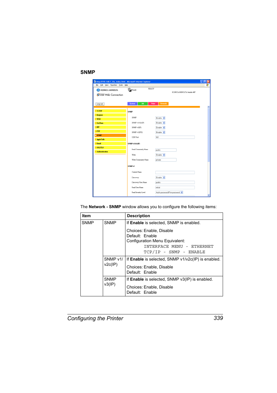 Snmp, Snmp 339, Configuring the printer 339 | Konica Minolta bizhub 40P User Manual | Page 357 / 392