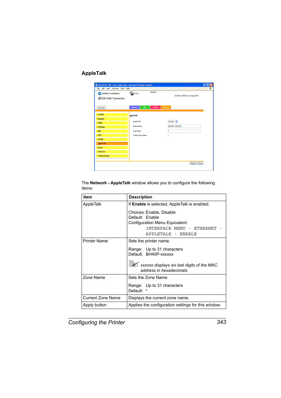 Appletalk, Appletalk 343, Configuring the printer 343 | Konica Minolta bizhub 40P User Manual | Page 361 / 392