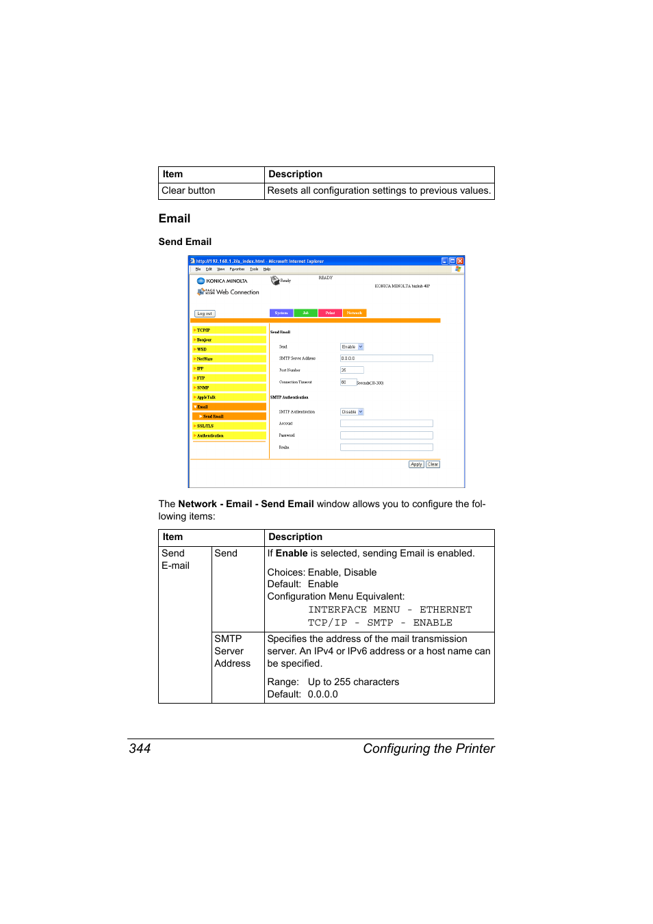 Email, Email 344, Configuring the printer 344 | Konica Minolta bizhub 40P User Manual | Page 362 / 392