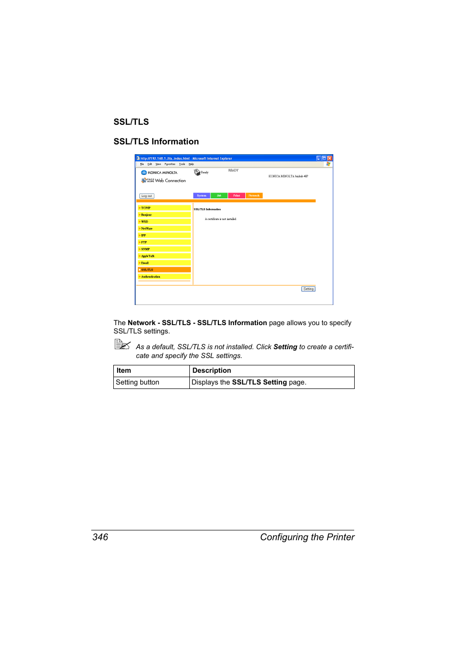 Ssl/tls, Ssl/tls information, Ssl/tls 346 ssl/tls information 346 | Konica Minolta bizhub 40P User Manual | Page 364 / 392