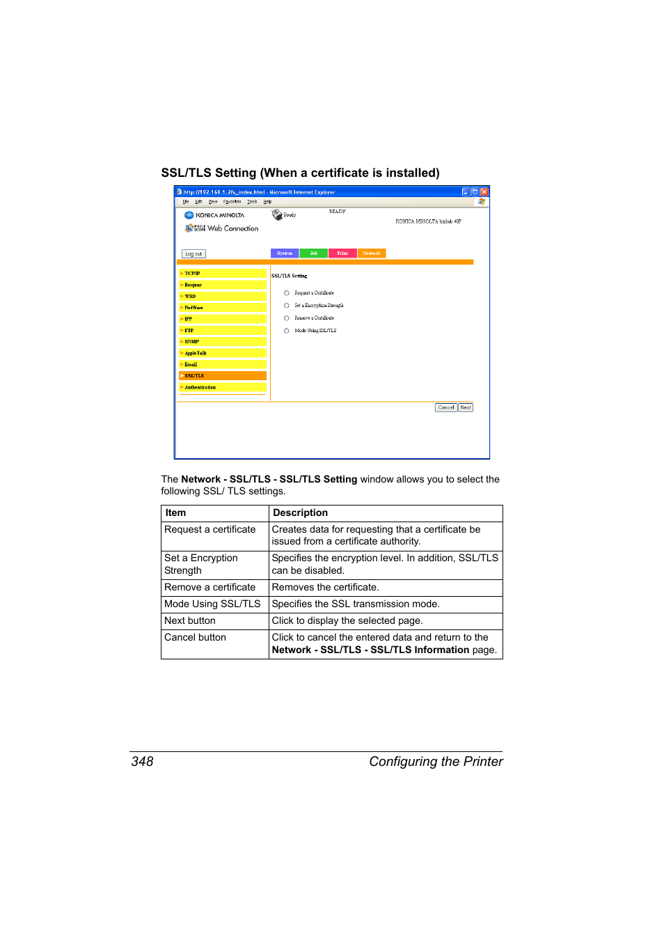 Ssl/tls setting (when a certificate is installed), Configuring the printer 348 | Konica Minolta bizhub 40P User Manual | Page 366 / 392