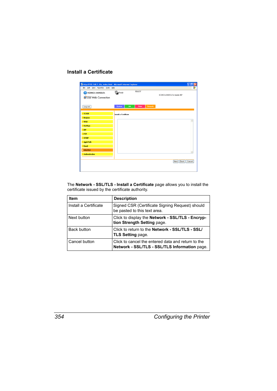 Install a certificate, Install a certificate 354, Configuring the printer 354 | Konica Minolta bizhub 40P User Manual | Page 372 / 392