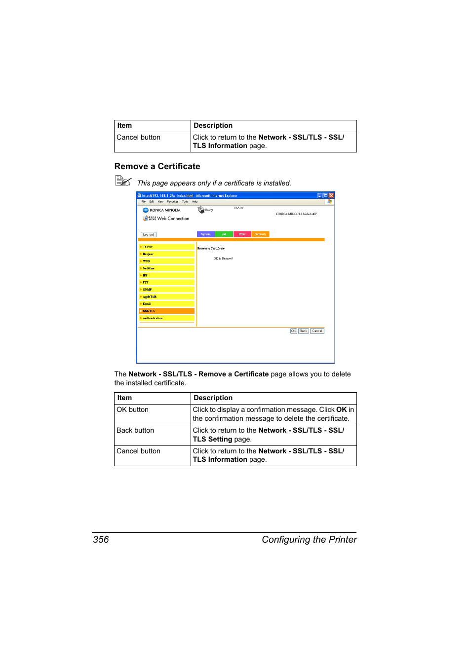 Remove a certificate, Remove a certificate 356, Configuring the printer 356 | Konica Minolta bizhub 40P User Manual | Page 374 / 392