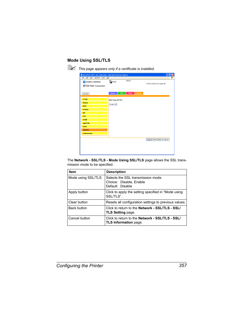 Mode using ssl/tls, Mode using ssl/tls 357, Configuring the printer 357 | Konica Minolta bizhub 40P User Manual | Page 375 / 392