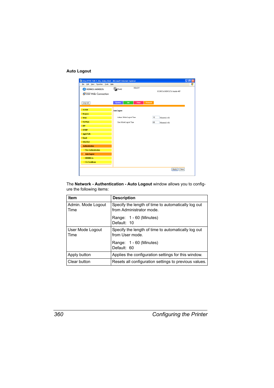 Configuring the printer 360 | Konica Minolta bizhub 40P User Manual | Page 378 / 392