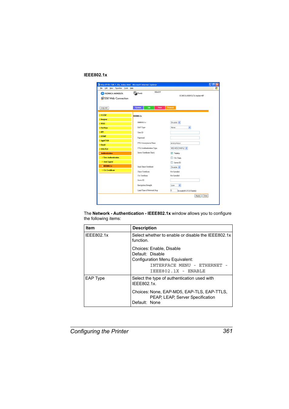 Configuring the printer 361 | Konica Minolta bizhub 40P User Manual | Page 379 / 392