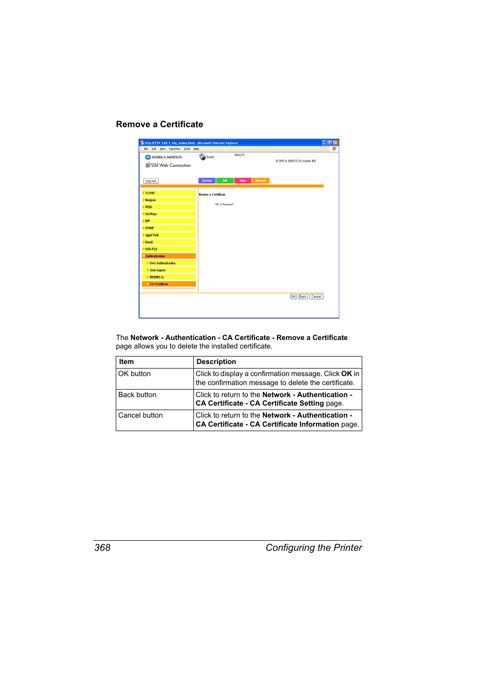 Remove a certificate, Remove a certificate 368, Configuring the printer 368 | Konica Minolta bizhub 40P User Manual | Page 386 / 392