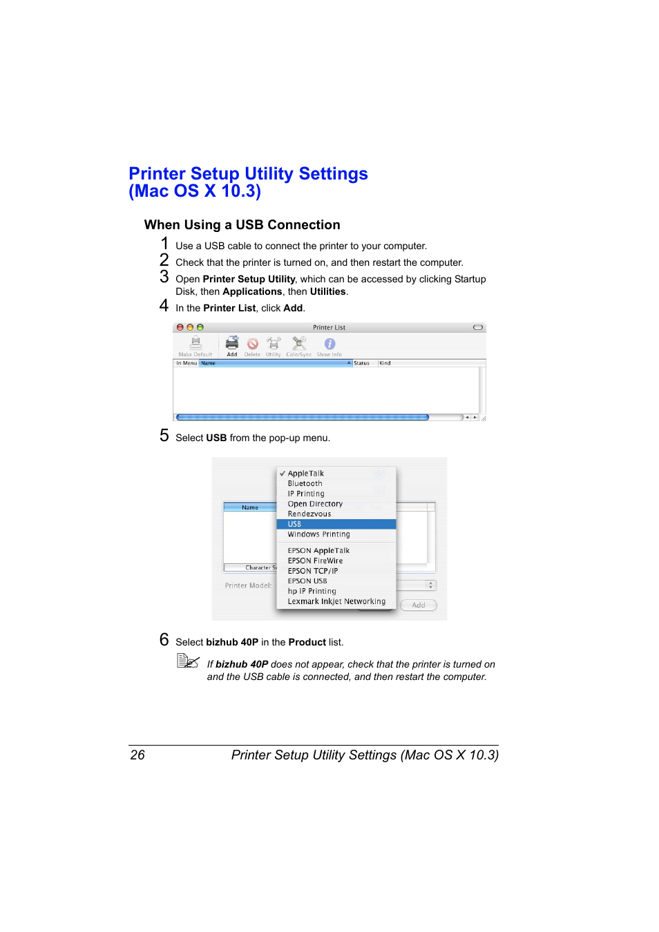 Printer setup utility settings (mac os x 10.3), When using a usb connection, Printer setup utility settings (mac os x 10.3) 26 | When using a usb connection 26 | Konica Minolta bizhub 40P User Manual | Page 44 / 392