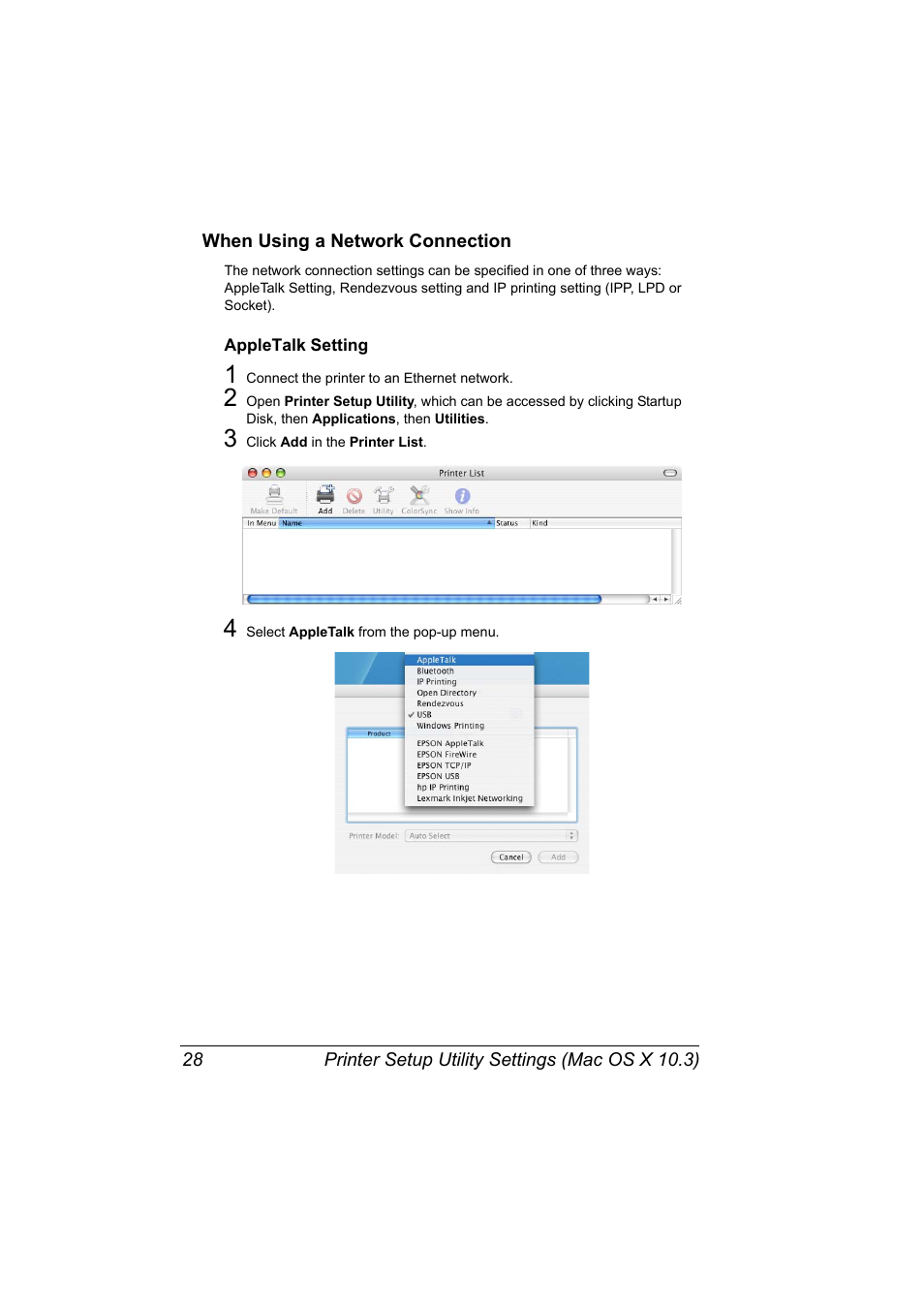 When using a network connection, Appletalk setting, When using a network connection 28 | Appletalk setting 28 | Konica Minolta bizhub 40P User Manual | Page 46 / 392