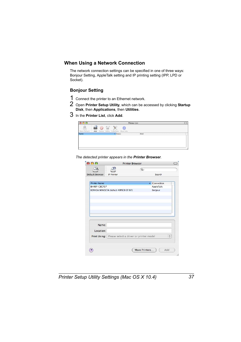 When using a network connection, Bonjour setting, When using a network connection 37 | Bonjour setting 37 | Konica Minolta bizhub 40P User Manual | Page 55 / 392