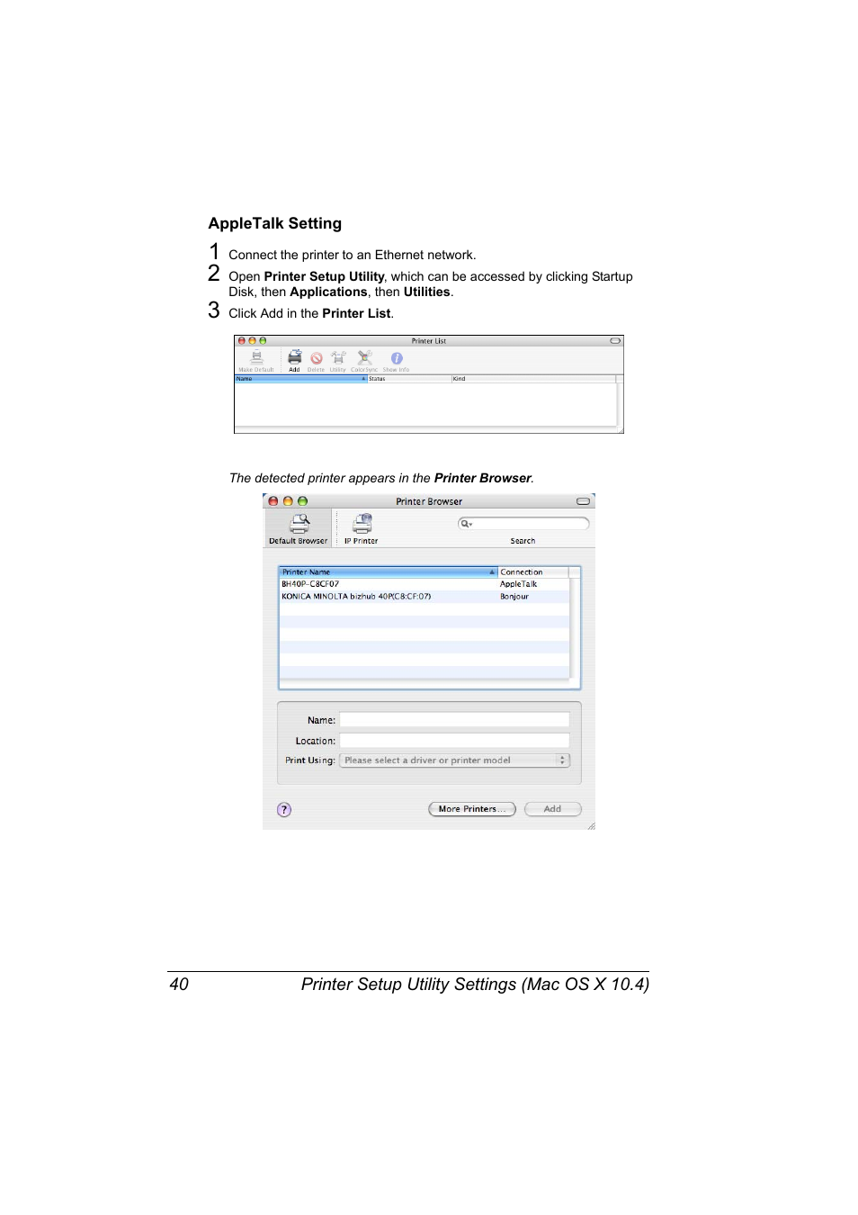 Appletalk setting, Appletalk setting 40 | Konica Minolta bizhub 40P User Manual | Page 58 / 392