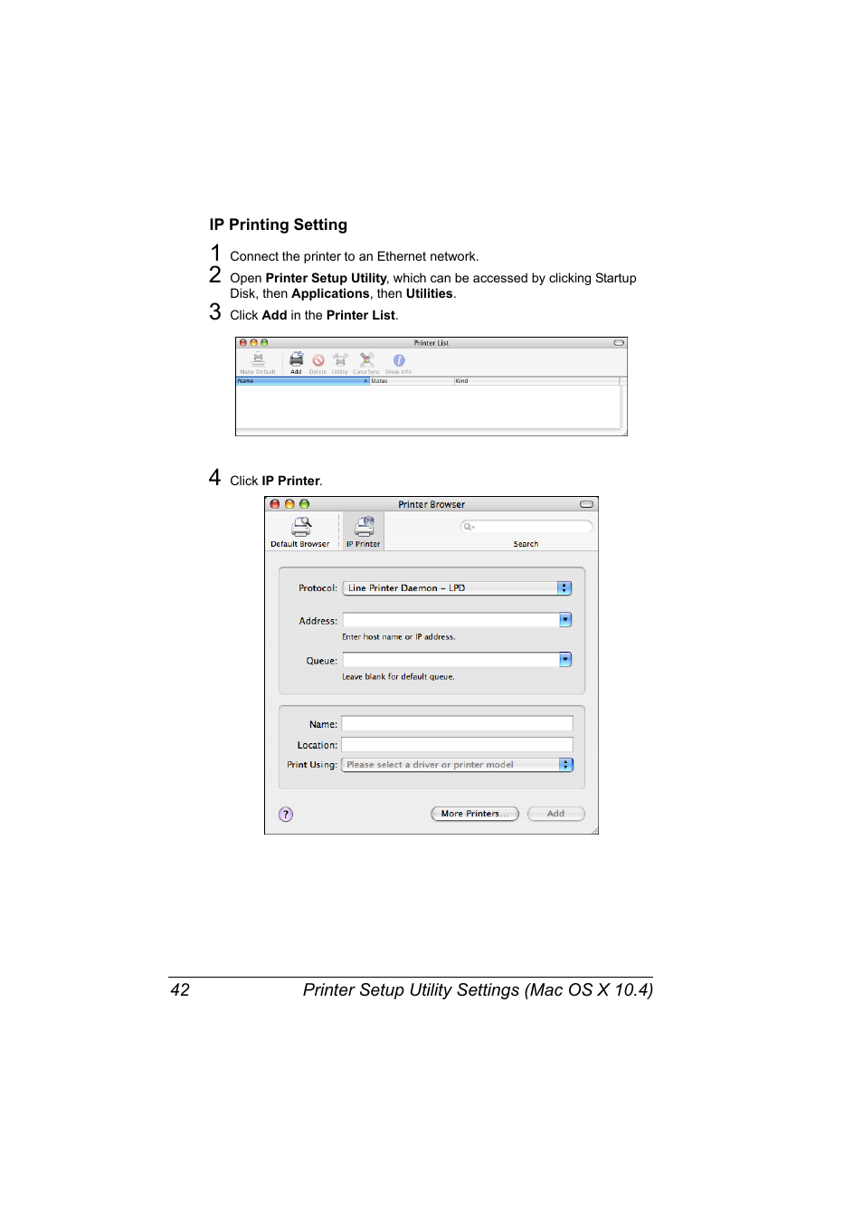 Ip printing setting, Ip printing setting 42 | Konica Minolta bizhub 40P User Manual | Page 60 / 392