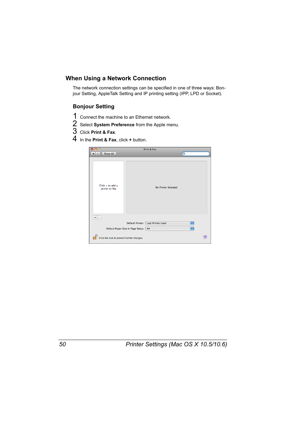 When using a network connection, Bonjour setting, When using a network connection 50 | Bonjour setting 50 | Konica Minolta bizhub 40P User Manual | Page 68 / 392