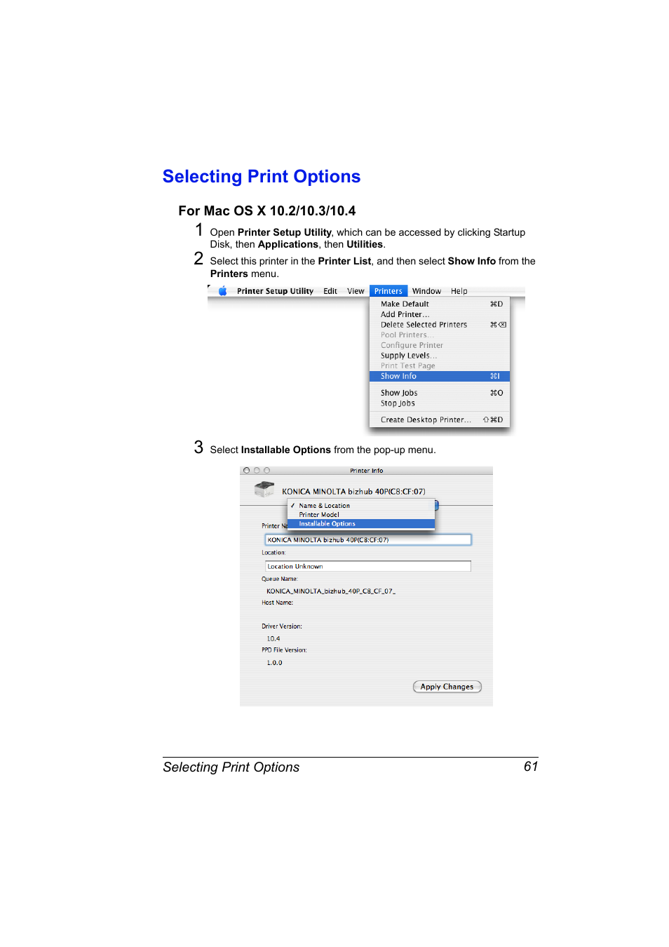 Selecting print options, For mac os x 10.2/10.3/10.4, Selecting print options 61 | For mac os x 10.2/10.3/10.4 61 | Konica Minolta bizhub 40P User Manual | Page 79 / 392