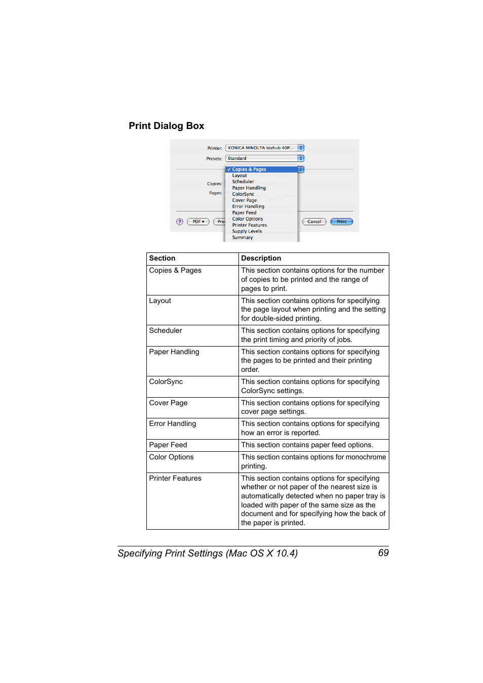 Print dialog box, Print dialog box 69 | Konica Minolta bizhub 40P User Manual | Page 87 / 392