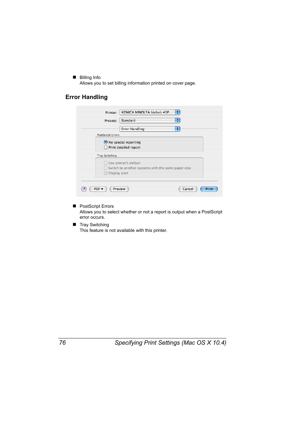 Error handling, Error handling 76 | Konica Minolta bizhub 40P User Manual | Page 94 / 392