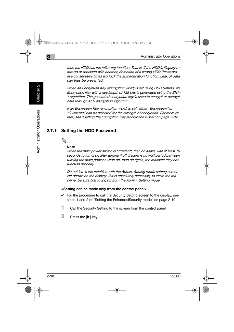 1 setting the hdd password, Setting can be made only from the control panel | Konica Minolta bizhub C250P User Manual | Page 47 / 108