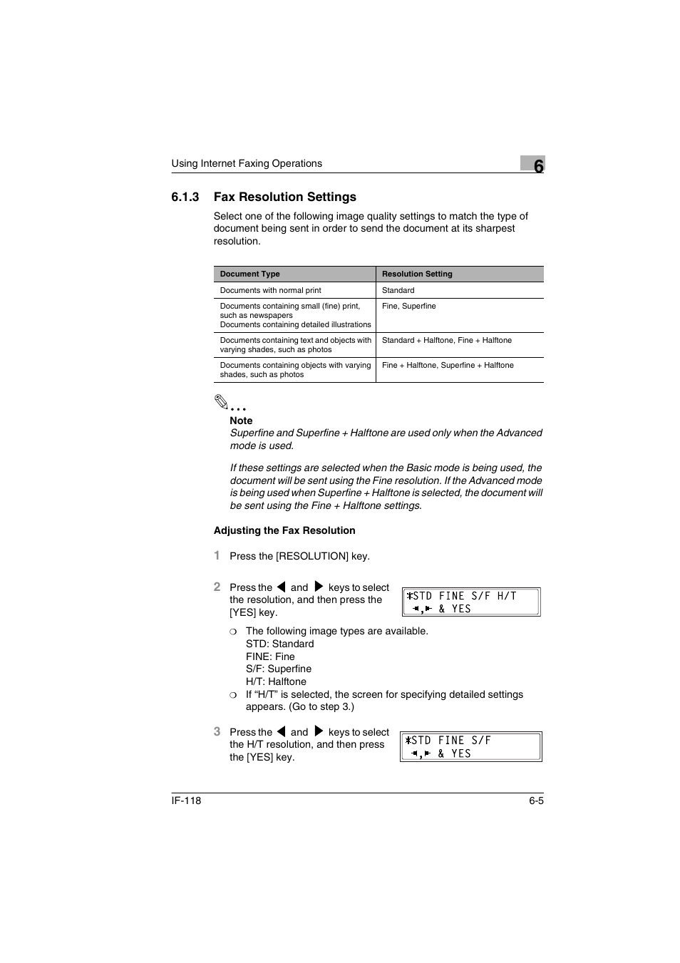 3 fax resolution settings, Adjusting the fax resolution, P. 6-5) | Konica Minolta IF-118 User Manual | Page 104 / 140