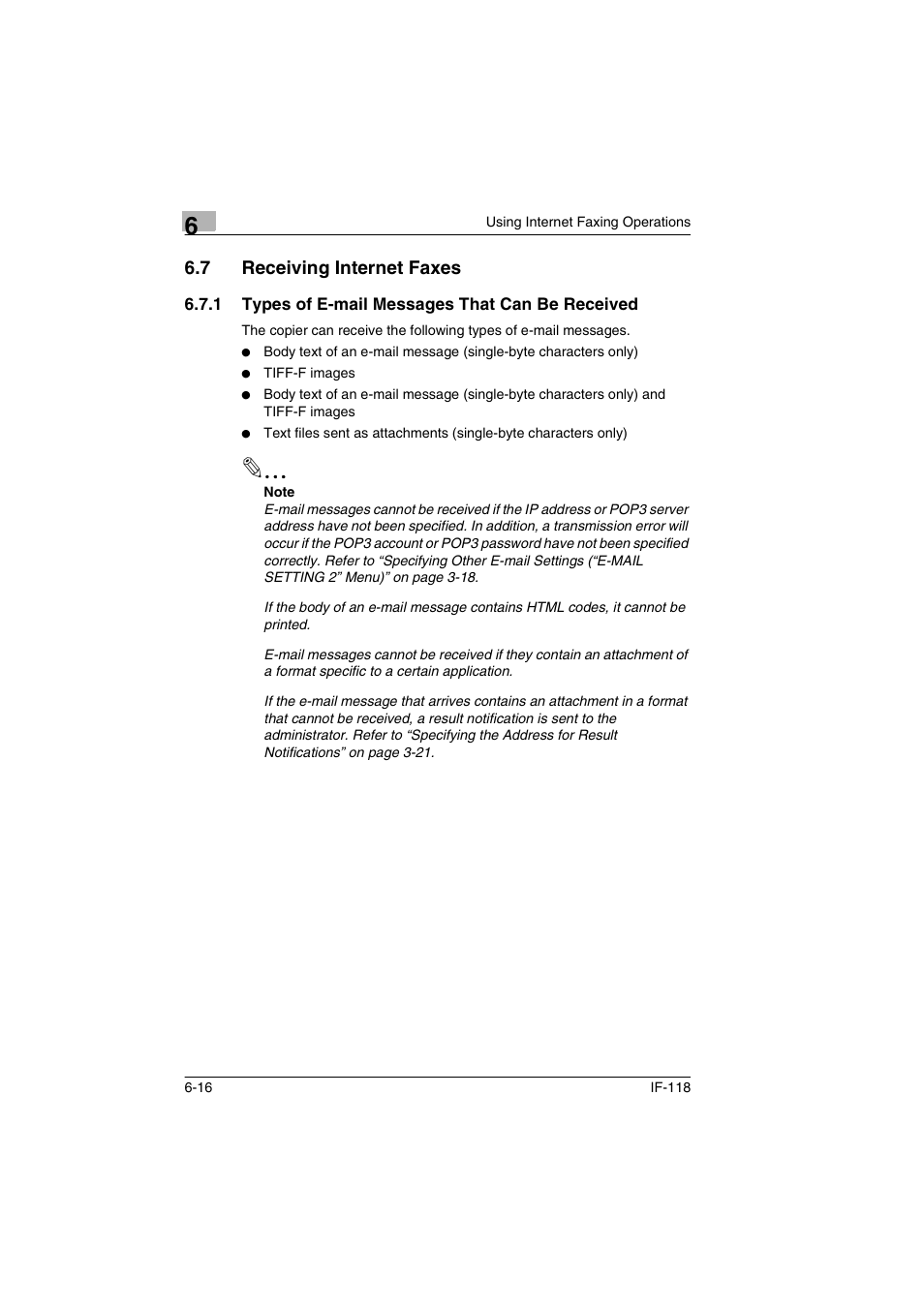 7 receiving internet faxes, 1 types of e-mail messages that can be received, Receiving internet faxes -16 | Types of e-mail messages that can be received -16 | Konica Minolta IF-118 User Manual | Page 115 / 140