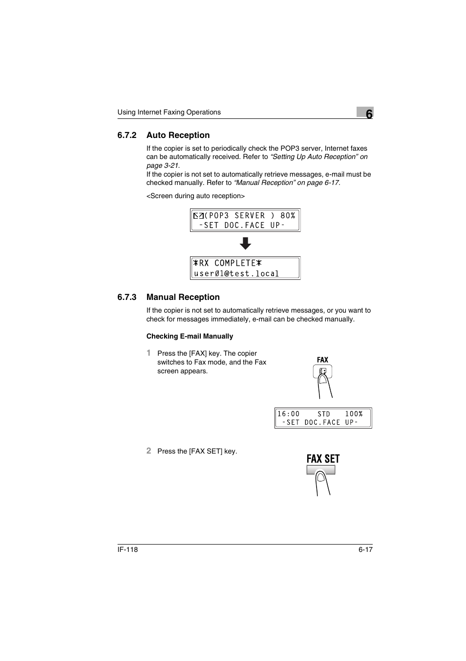 2 auto reception, 3 manual reception, Checking e-mail manually | Auto reception -17, Manual reception -17 checking e-mail manually -17 | Konica Minolta IF-118 User Manual | Page 116 / 140