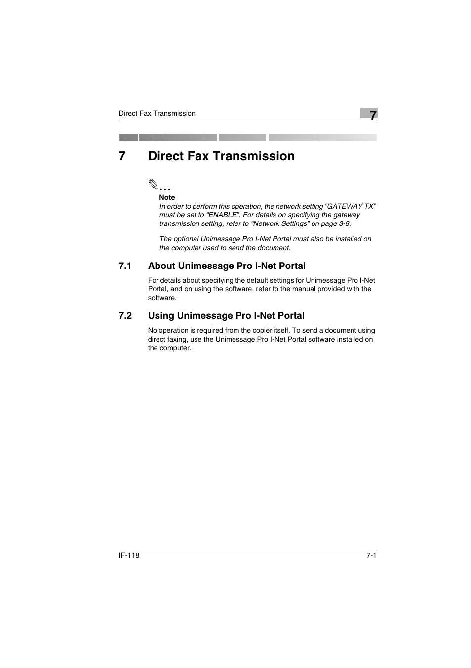 7 direct fax transmission, 1 about unimessage pro i-net portal, 2 using unimessage pro i-net portal | Direct fax transmission, About unimessage pro i-net portal -1, Using unimessage pro i-net portal -1, 7direct fax transmission | Konica Minolta IF-118 User Manual | Page 122 / 140