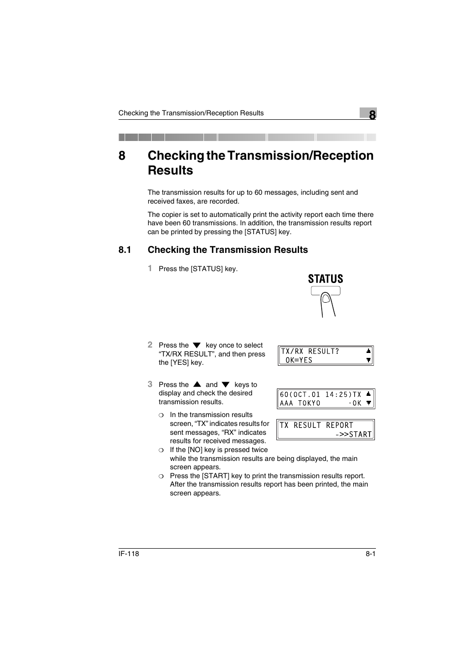 8 checking the transmission/reception results, 1 checking the transmission results, Checking the transmission/reception results | Checking the transmission results -1, 8checking the transmission/reception results | Konica Minolta IF-118 User Manual | Page 124 / 140