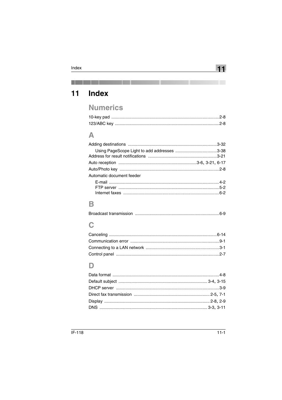 11 index, A to d, 11 index numerics | Konica Minolta IF-118 User Manual | Page 134 / 140