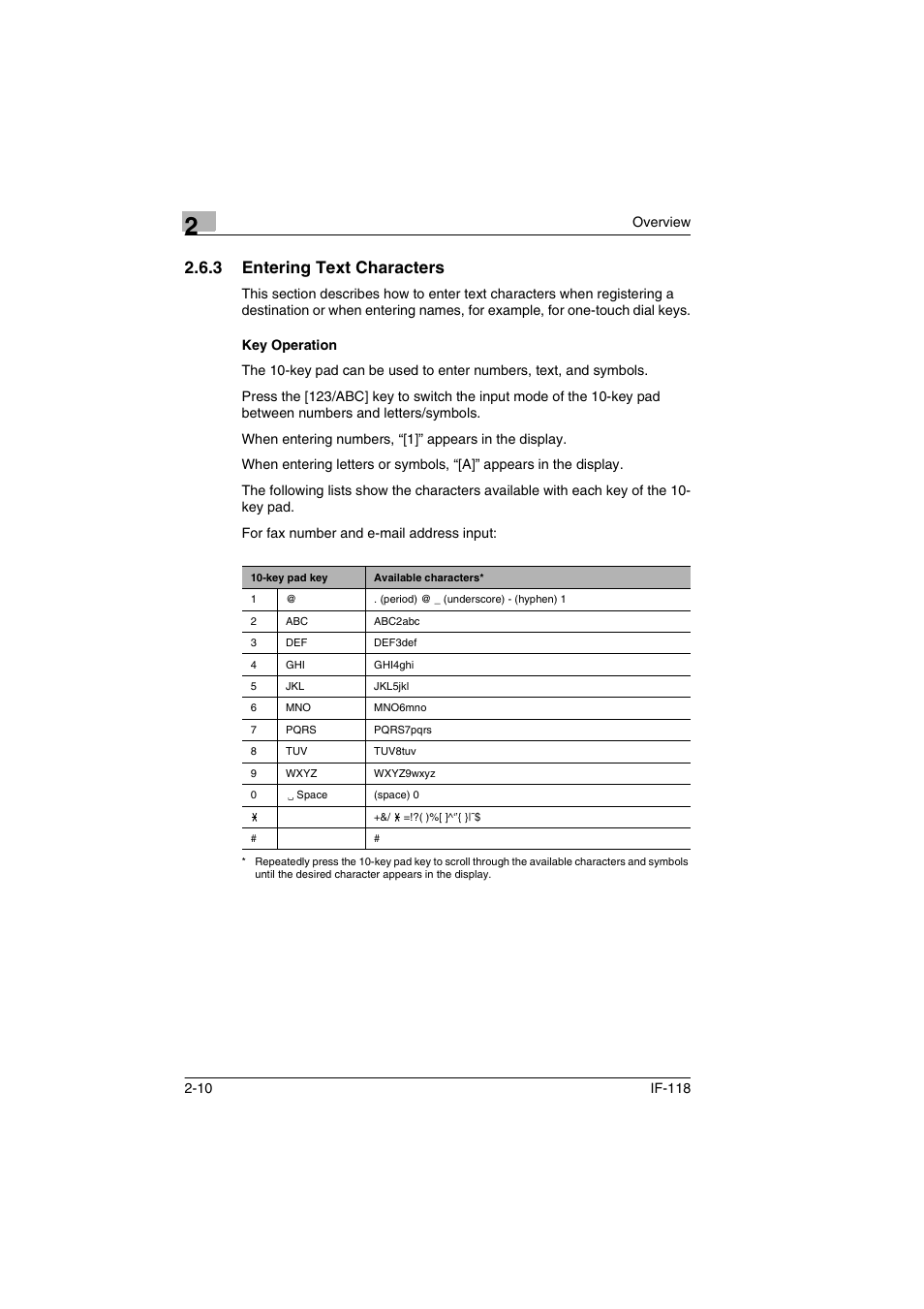 3 entering text characters, Key operation, Entering text characters -10 key operation -10 | Konica Minolta IF-118 User Manual | Page 19 / 140