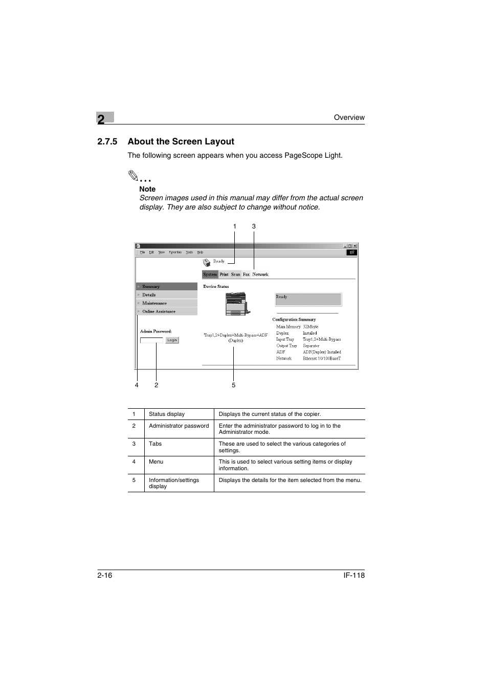 5 about the screen layout, About the screen layout -16 | Konica Minolta IF-118 User Manual | Page 25 / 140