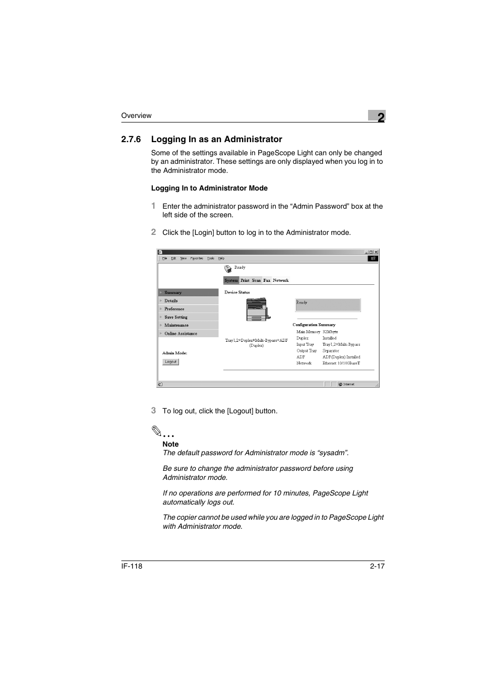 6 logging in as an administrator, Logging in to administrator mode | Konica Minolta IF-118 User Manual | Page 26 / 140