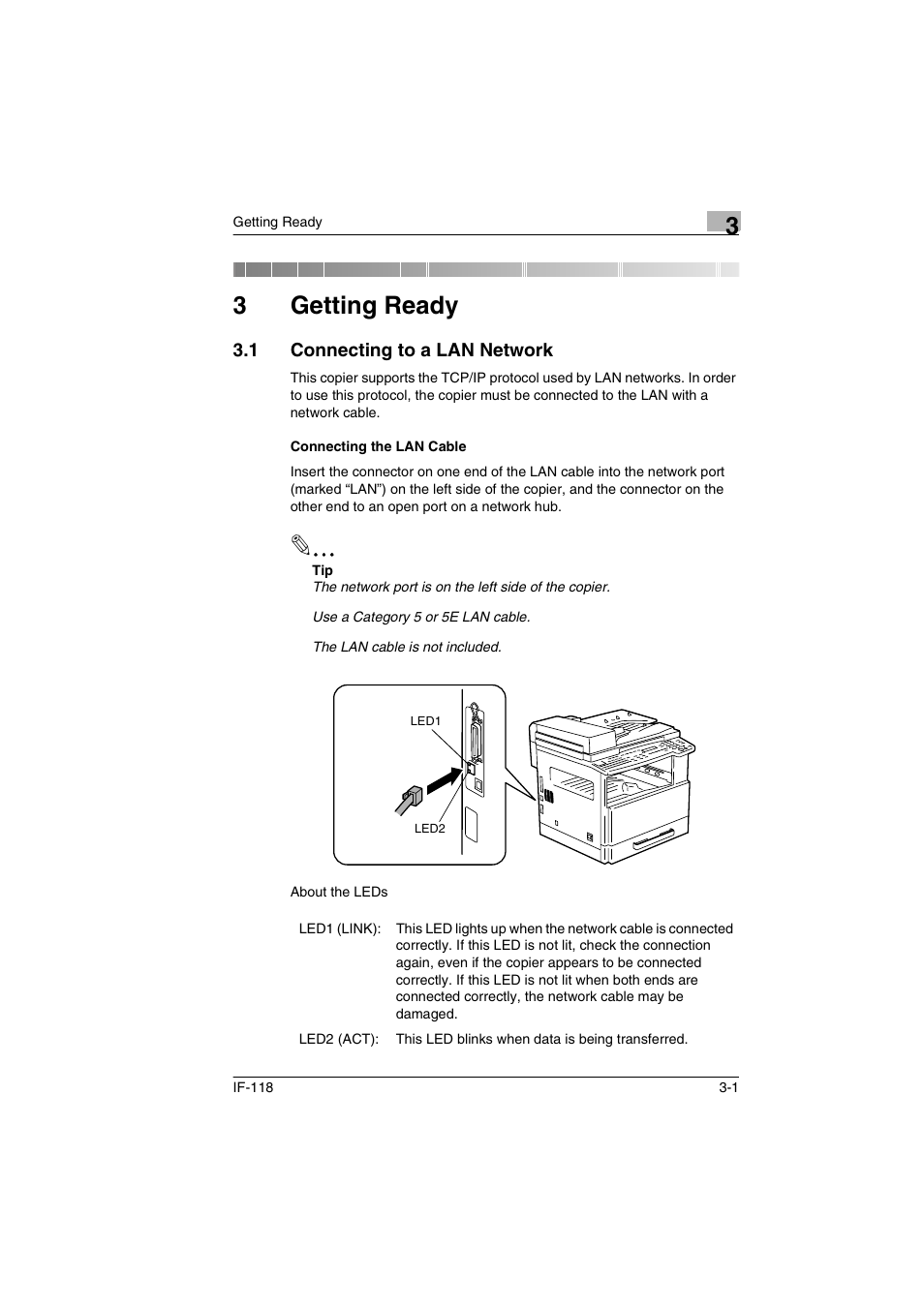 3 getting ready, 1 connecting to a lan network, Connecting the lan cable | Getting ready, Connecting to a lan network -1, Connecting the lan cable -1, 3getting ready | Konica Minolta IF-118 User Manual | Page 28 / 140